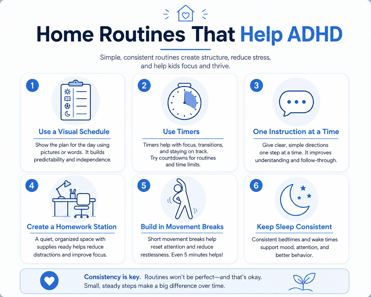 Infographic of home routines that help ADHD including visual schedules, timers, one instruction at a time and consistent sleep