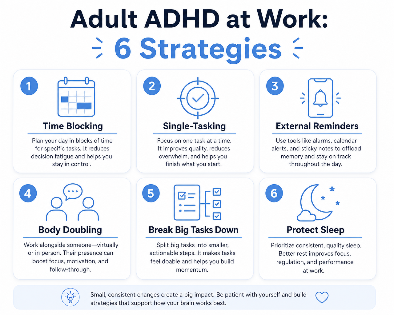 Infographic of six adult ADHD workplace strategies including time blocking, single-tasking, external reminders and body doubling